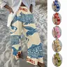 Women's Retro Nautical Sardine Printed Wide-Leg Pants - 100% Polyester Fabric, Elastic Waist, Draped, Breathable, Contrasting Paint, Loose Patterned Pants, Resort Wear for Women, Summer Heat-Smart Casual Bottoms