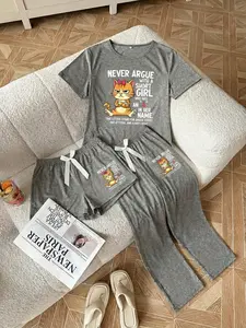Women's Letter Print Sleepwear Set, Cartoon Style Loose Fit Pajamas, All-Season Comfortable Loungewear, Casual Home Wear, Pjs, Womenswear, Homewear, Lady