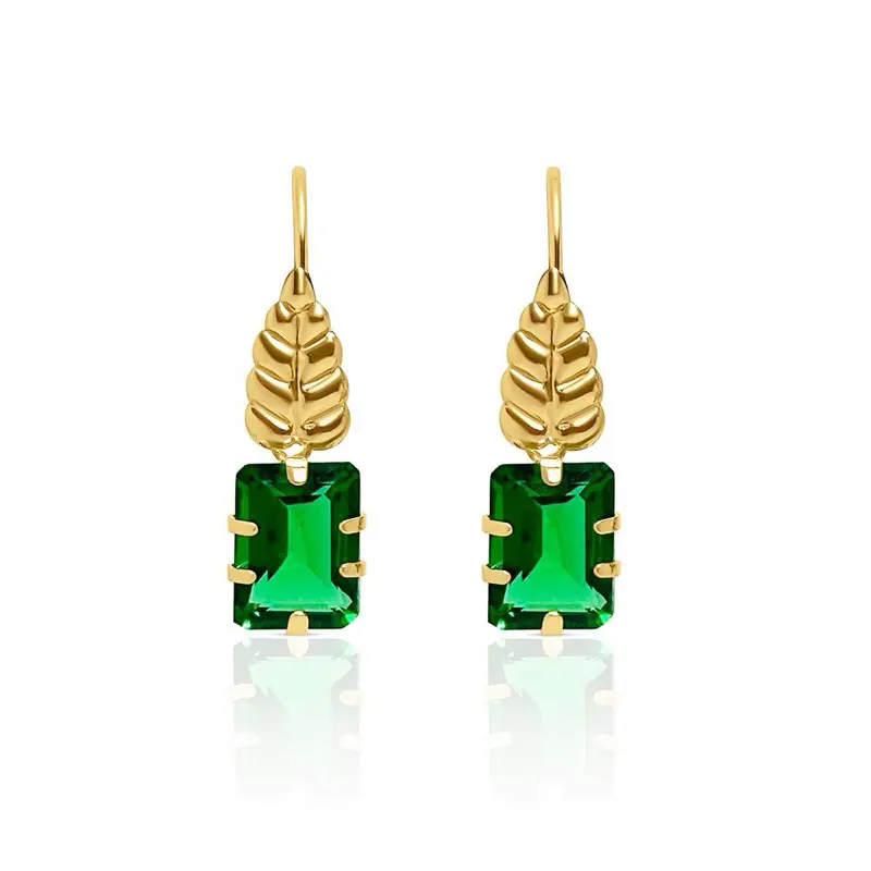 14K Gold Rectangular Dangle Earrings with Leaf Accent.
