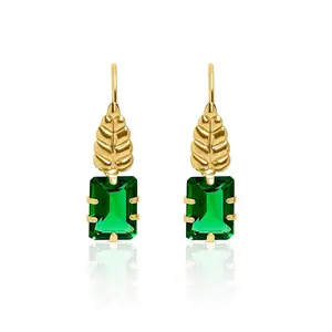 14K Gold Rectangular Dangle Earrings with Leaf Accent.