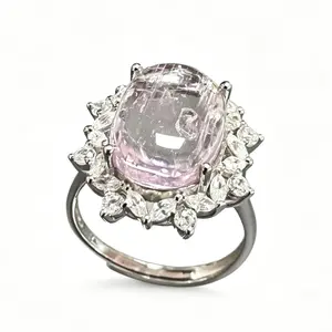 Natural Kunzite Halo 925 Silver Adjustable Ring | Oval Statement