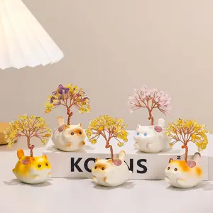 Creative Cartoon Animal Natural Yellow Crystal Fortune Tree Ornament Cute Cat Office Desk Decoration Gift