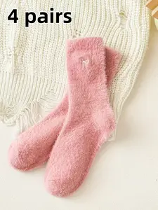 4 pairs of women's autumn and winter plush socks, mid-calf socks with bows, soft and comfortable, suitable for daily outings and staying warm at home