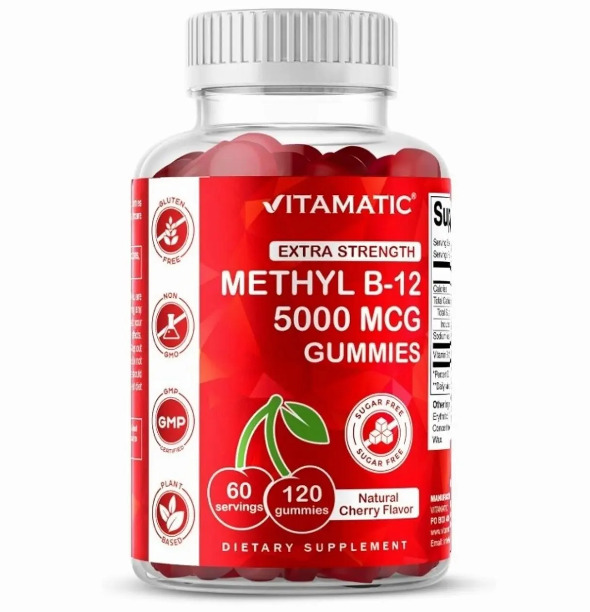 Vitamin B12 Gummies 5000 mcg (Methylcobalamin) – Extra Strength Energy & Nervous System Support – Sugar Free, Natural Cherry Flavor – Vegan, Non-GMO – 120 Gummies