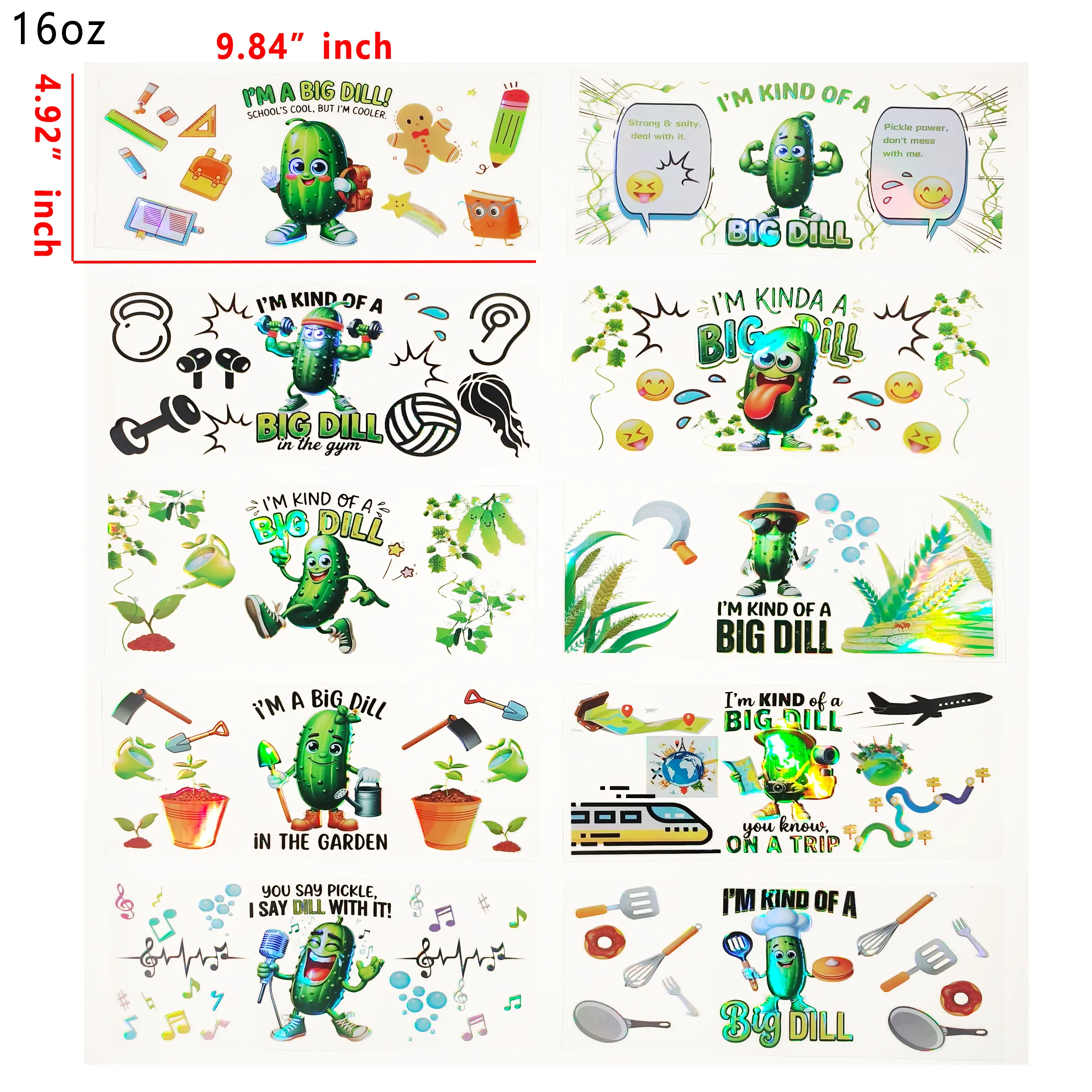 (F3) Holographic 10pcs Inspirational cucumber UV DTF Cup Wraps for 16OZ tumblers Waterproof Acrylic Wraps for Cups Glasses &Smooth Objects Vivid Colors Strong Adhesion CustomizableStickers Decal Sticker Art Crafts Kit