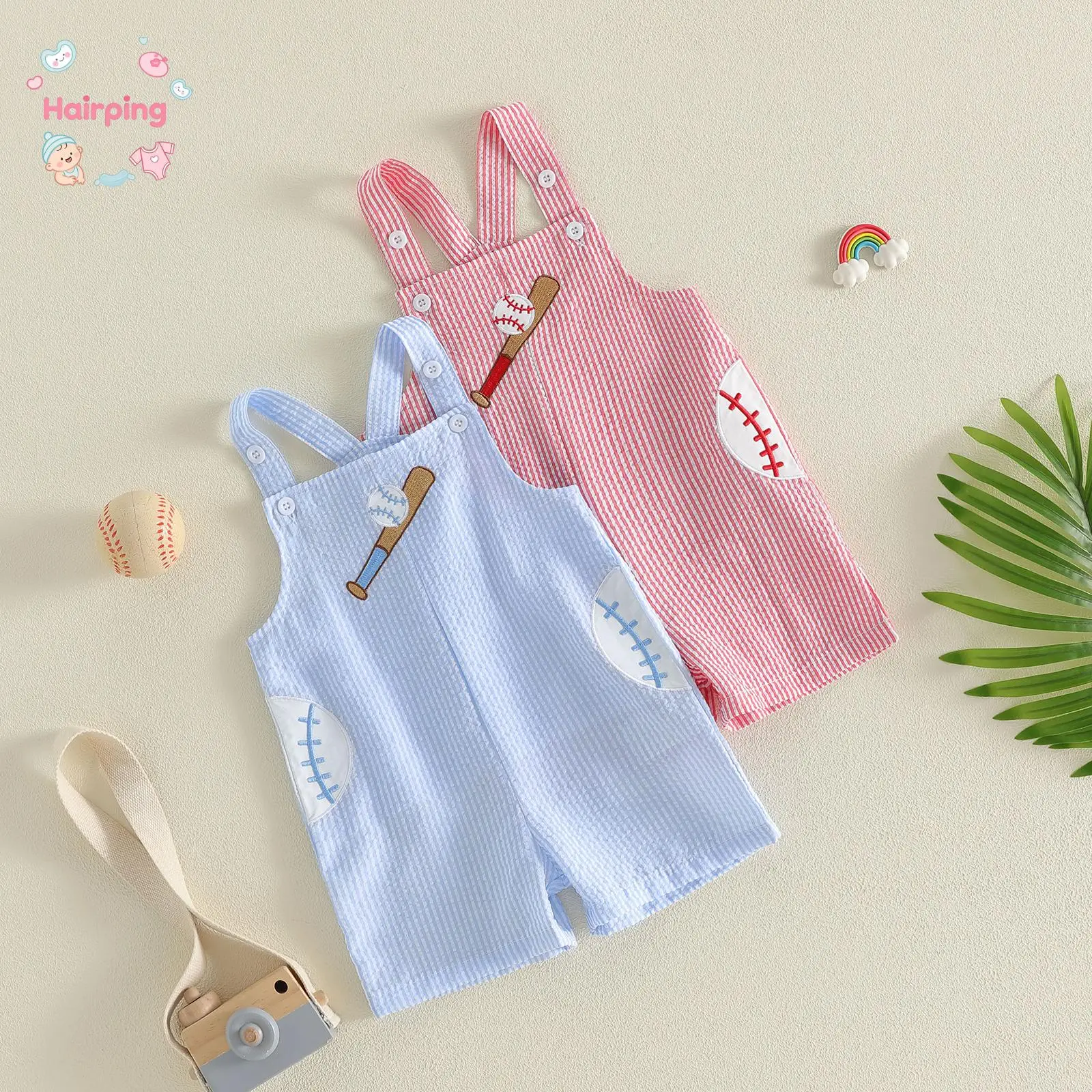 Baby Boys Baseball Shortall Set, Red/Blue Striped Seersucker Overalls with Embroidered Bat & Ball Patch Pockets, Adjustable Strap Summer Romper, Preppy Outfit for Photoshoot & Play, 14.2-16.9 Inch, Straps, 12 - 18 Months, 18-24M