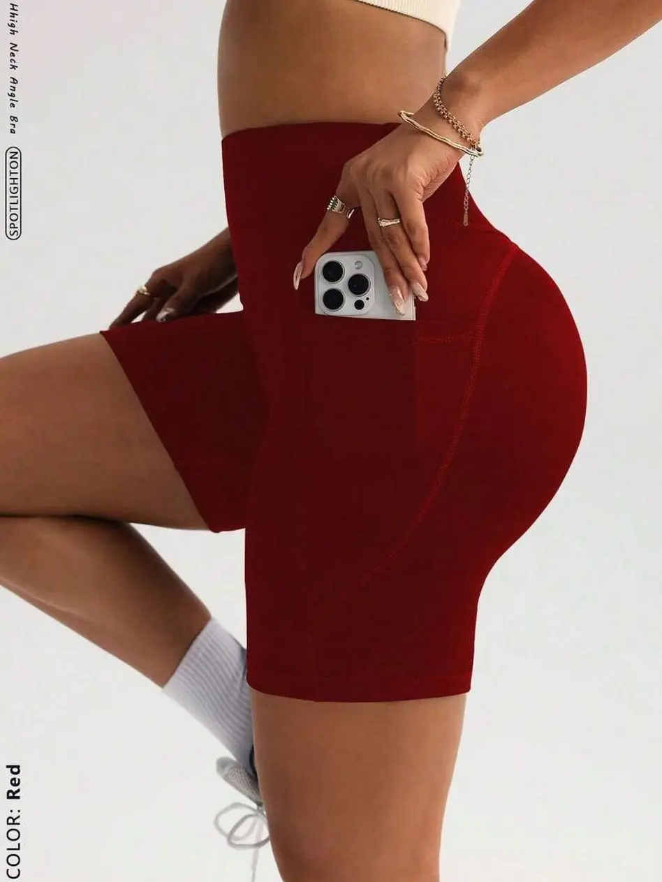 High Waist Yoga Shorts, Butt Lifting Running Athletic Shorts with Pockets for Fitness and Gym