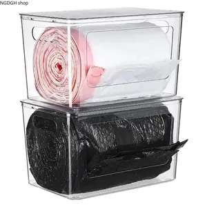 Clear Plastic Trash Bag Organizer Box with Lid, Stackable & Wall-Mountable, Perfect for Kitchen Cabinets, Pantries & Keeping Trash Rolls Neatly Stored & Easily Accessible