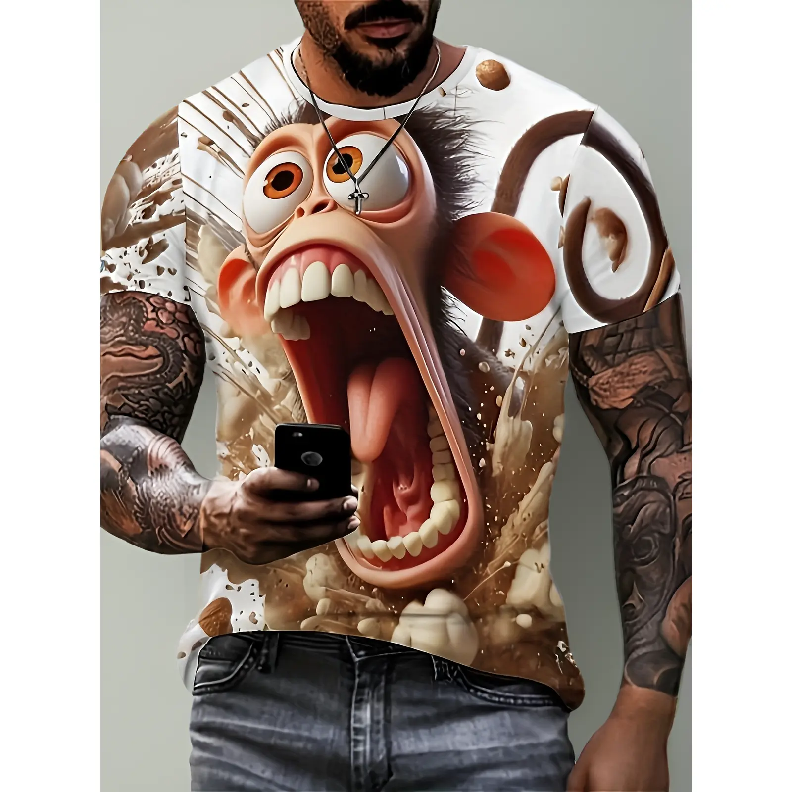 Men'S 2026 New Funny Monkey 3D Pattern T-Shirt - Soft, Elastic, Breathable Fabric, Moisture-Wicking, Anti-Wrinkle, Loose-Fitting Casual Summer Short-Sleeve Top, Full-Print Street Style for Everyday Comfort, Humorous Design, Plus Size