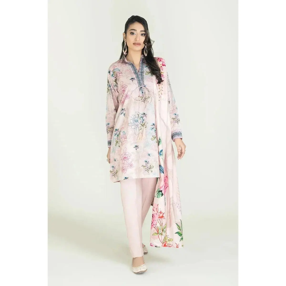 Women's Elegant 3-Piece Stitched Printed Lawn Coordinated Set, Daily Breathable Comfortable Blouse/Shirt & Trouser, Style KLA-3758
