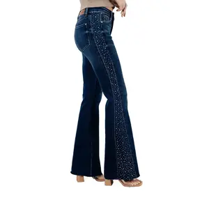 Judy Blue Mid Rise Rhinestone Side Panel Detail Flare Jeans