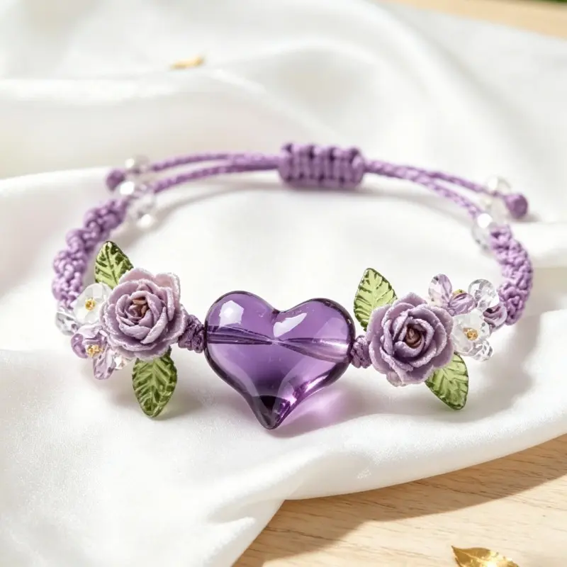 Handmade Braided Synthetic Purple Amethyst Heart Bracelet, Vintage Fabric Rose & Shell Flower Adjustable Rope Bracelet, Dainty Retro Floral Wrist Jewelry Gift for Women