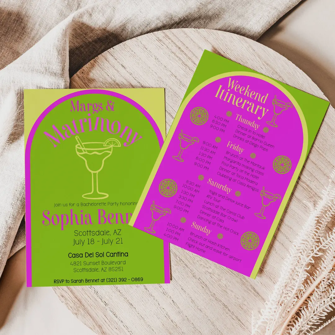 Margs and Matrimony Bachelorette Theme, Margs and Matrimony Invitation and Itinerary Set