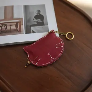 Vintage natural tanned  Leather Cat Pouch - Unique Scrunched Animal Mini Wallet - Artisan Key Ring Coin Organizer