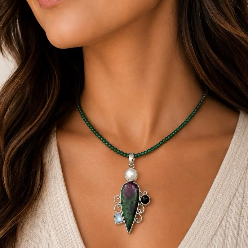 Emerald Beaded Necklace & 925 Sterling Silver Ruby Zoisite Pendant | Genuine Gemstone Bundle
