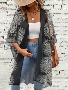 Women's Loose Floral Print Casual Vacation Fashion Jacket, Side Slit Half-Transparent Outerwear, Boho Style, Versatile and Comfortable