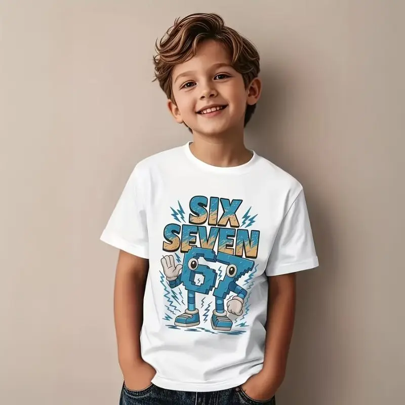 Soft and Breathable Children's Meme 67 Six Seven 6 7 Italian Cerebral Palsy T-Shirt - Boys and Girls Pattern T-Shirt with Fun 67 Number Design, Lightweight Round Neck Short Sleeve Shirt, Suitable for Birthday Party Outfits, Daily Play and Casual Wear gen