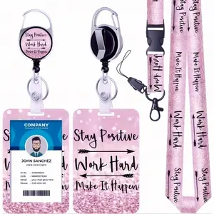 PVC Card Holder Set, Badge Clips & ID Holders, UV Printed Lanyard, Inspirational Quotes, Keychain, Ideal for Teachers Nurses Students, Keychain Badge Reel