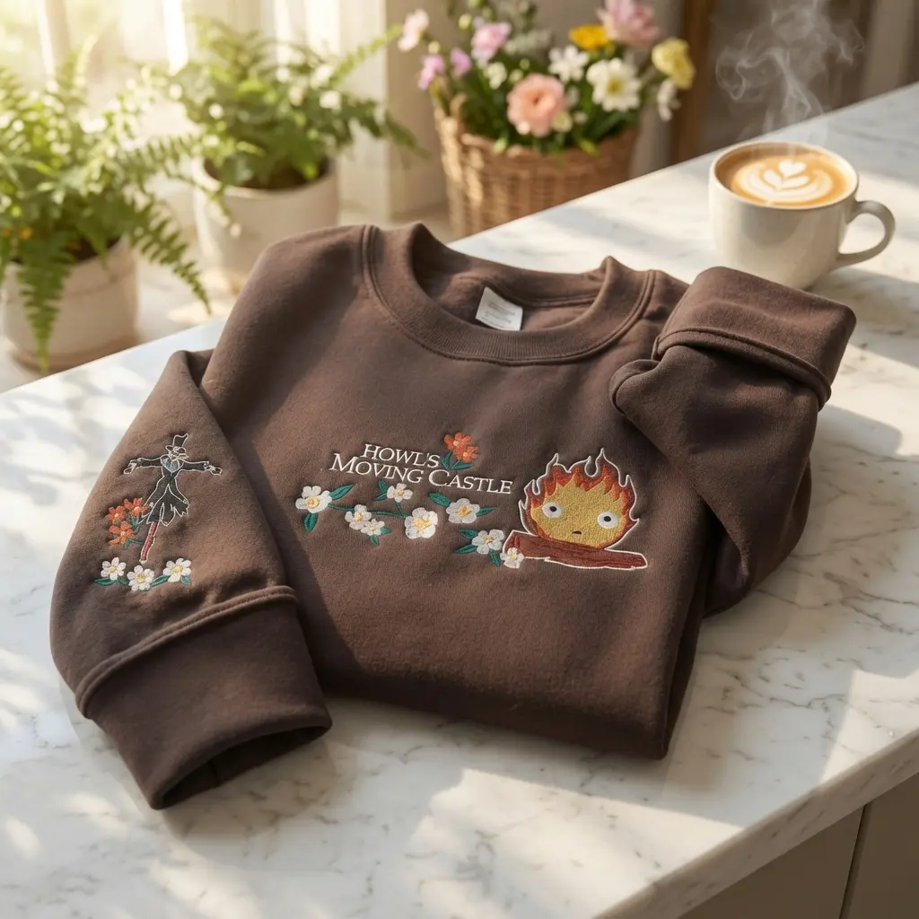 Howl's Moving Castle Embroidered Sweatshirt, Calcifer Anime Crewneck, Ghibli Inspired Top