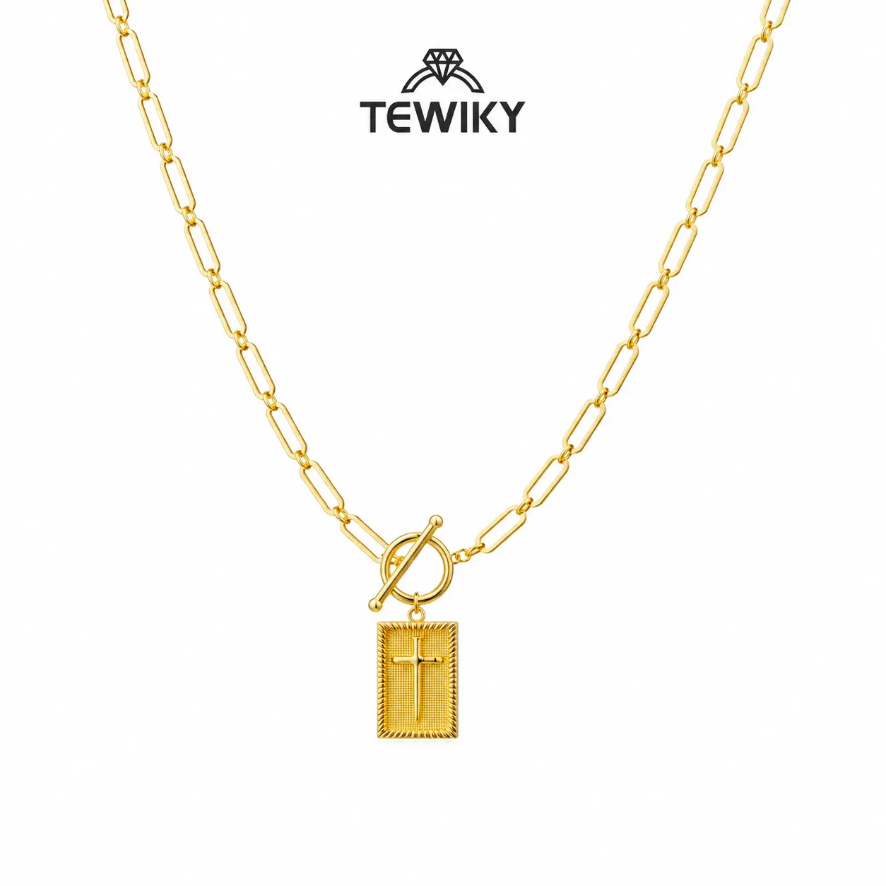 TEWIKY 14K Gold Plated Cross Necklace for Women, Trendy Paperclip Chain Necklace with Toggle Clasp, Christian Faith Pendant Statement Jewelry, Gift for Her