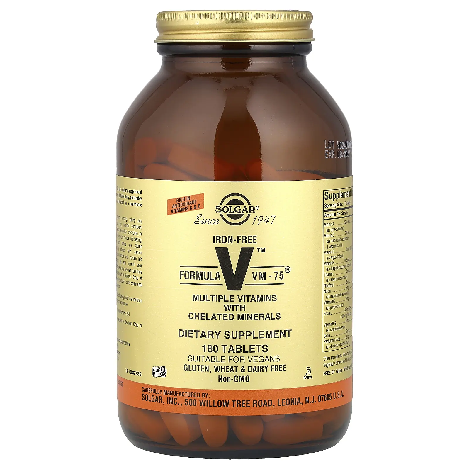 Solgar Formula V™ VM-75®, Multiple Vitamins with Chelated Minerals, Iron-Free, 180 Tablets