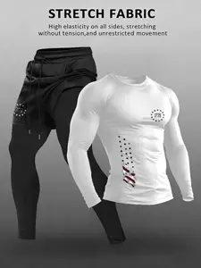 Men's Letter Design Gym Dumbbell Print Long Sleeve Top and Drawstring Waist Pants Set, Casual Breathable Sportswear Sports Clothing Set for Spring & Fall