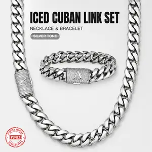 Iced Cuban Link Chain Necklace and Bracelet Set, Silver Tone Hip Hop Jewelry with Letter A-Z Clasp for Men AND Women