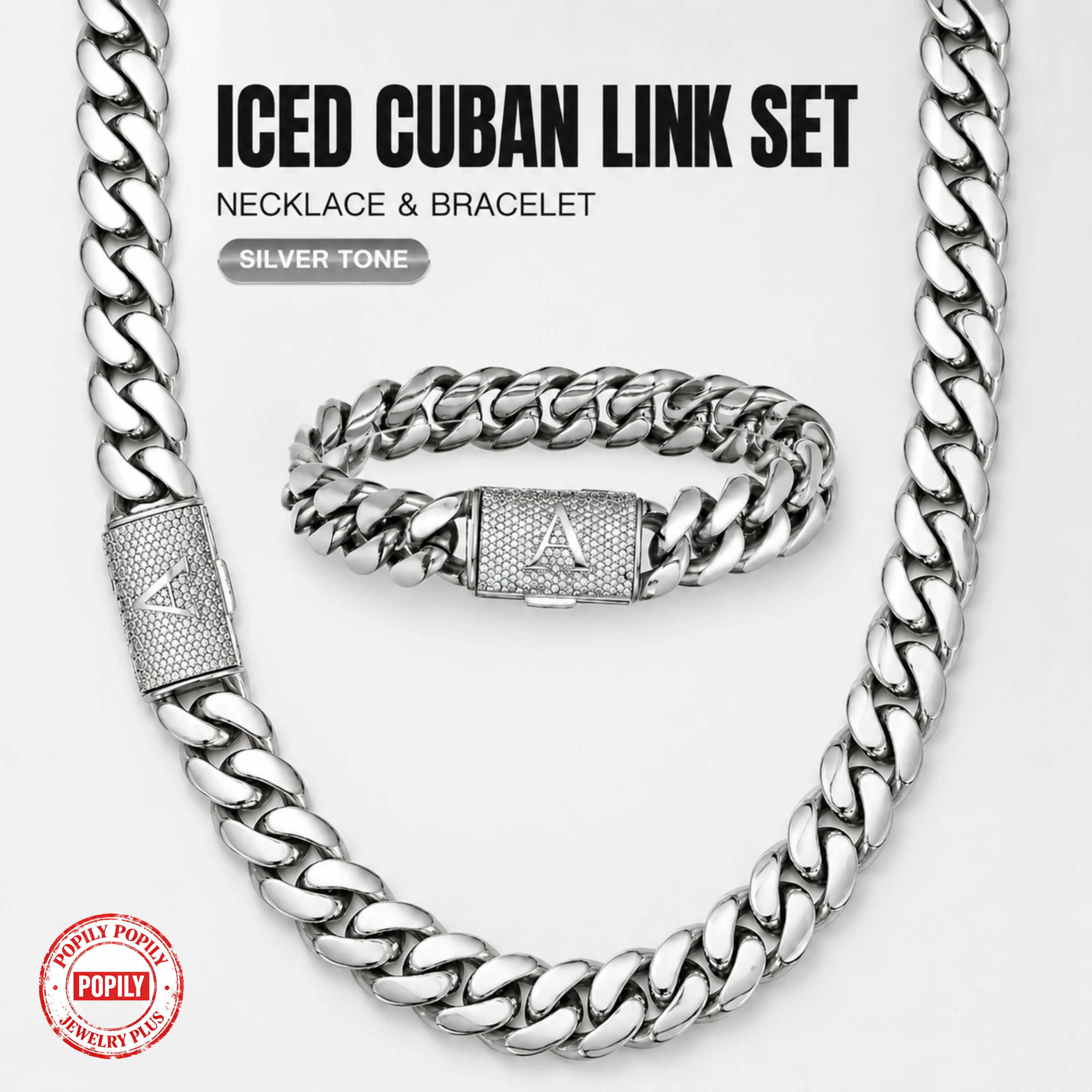 Men's Accessory Set, 2-Piece Iced-Out Cuban Link Necklace & Bracelet, Silver-Tone Hip Hop Jewelry with A-Z Initial Letter Clasp