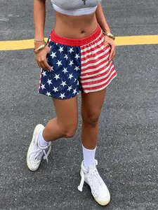 Women's American Flag Print Casual Shorts, Elastic Waist, Striped Pattern, Summer Beach Fitness, Holiday, Streetwear Style