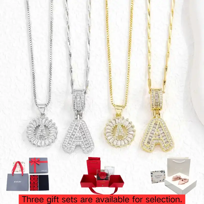 2-Pack Initial Letter Necklace 14K Gold Plated Shiny Delicate Fashion Chunky Custom Name Personalized Round Pendant Zircon Letter Necklace Valentine's Day Anniversary Jewelry Set Gift for Mom, Daughter, Boyfriend, Girlfriend, Christmas Gift