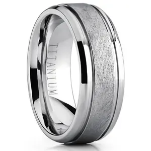 Men's Grooved Titanium Wedding Band Ring Textured Brushed Finish 8MM