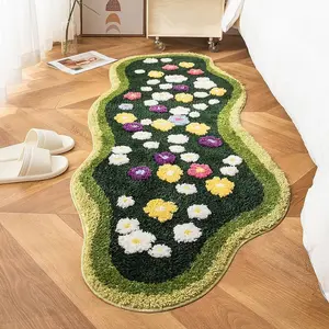 Cute Flower Green 3D Moss Bathroom Rugs Shaggy Tufted Non Slip Machine Washable Bath Mat Moss Runner Carpet for Bathroom Shower Bedroom (B, 2ft X 5.2ft)