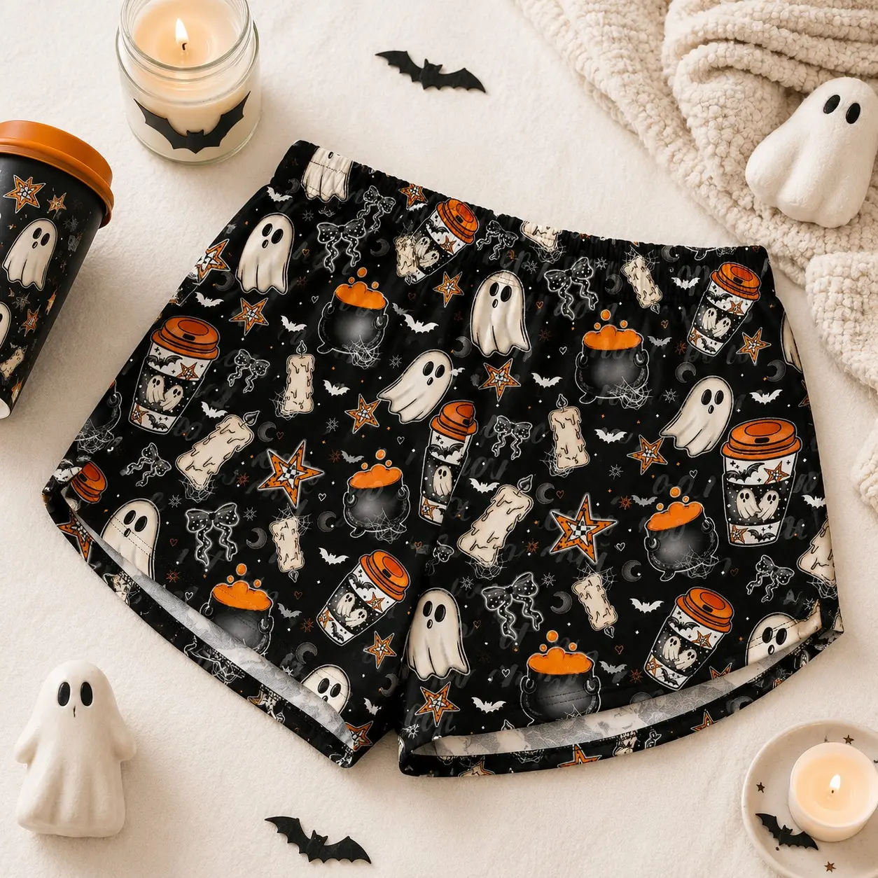 Women's Cute Ghost Witchy Halloween Lounge Shorts, Spooky Cauldron Candle Pajama Bottoms, Black Orange Summerween Sleepwear Gift for Her