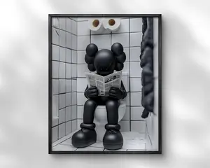 Kaws On The Toilet Reading a Newspaper Wall Art, Black Kaws Figure Print, Product without frame