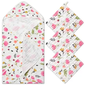 L-NG014 4Pcs Muslin Baby Hooded Towel & Washcloth Set Pink Flowers Pattern Soft Absorbent Cotton Bath Hood Towels for Newborn Toddlers Essentials Boys Girls Infant Shower Gift 31.5 x 31.5 in