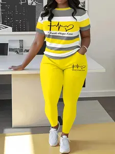 Women's 2-Piece Pants Set Plus Size Letter Print Two Pieces, Casual Short Sleeve T-Shirt & Biker Shorts Outfits, Women's Plus Size Clothing