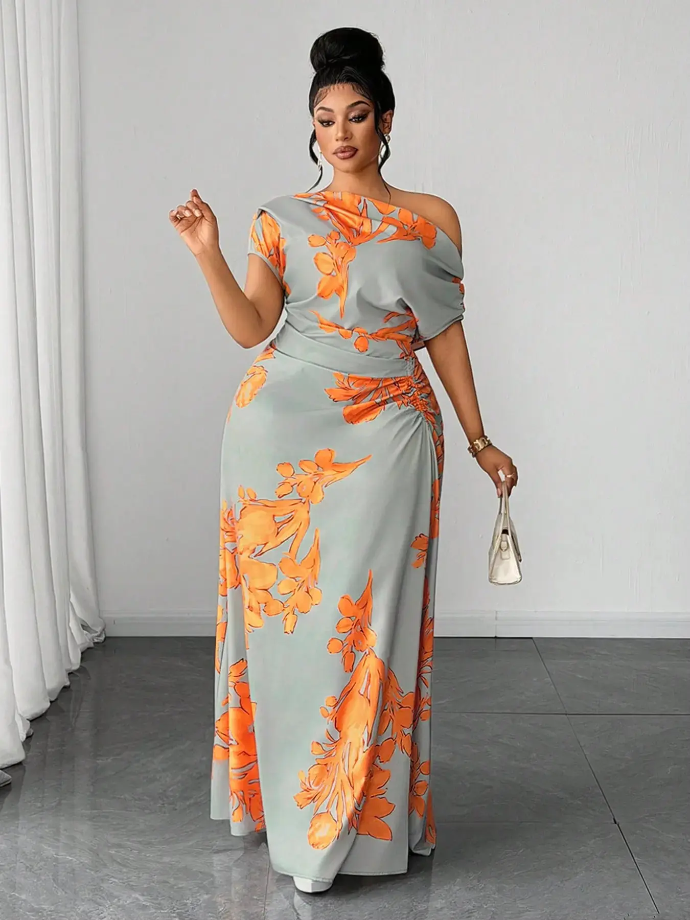 Plus Size Summer New Asymmetrical Shoulder Waist-Exposed Dress, Slimming Drawstring Long Evening Gown, Elegant Chic Long Dress for Women
