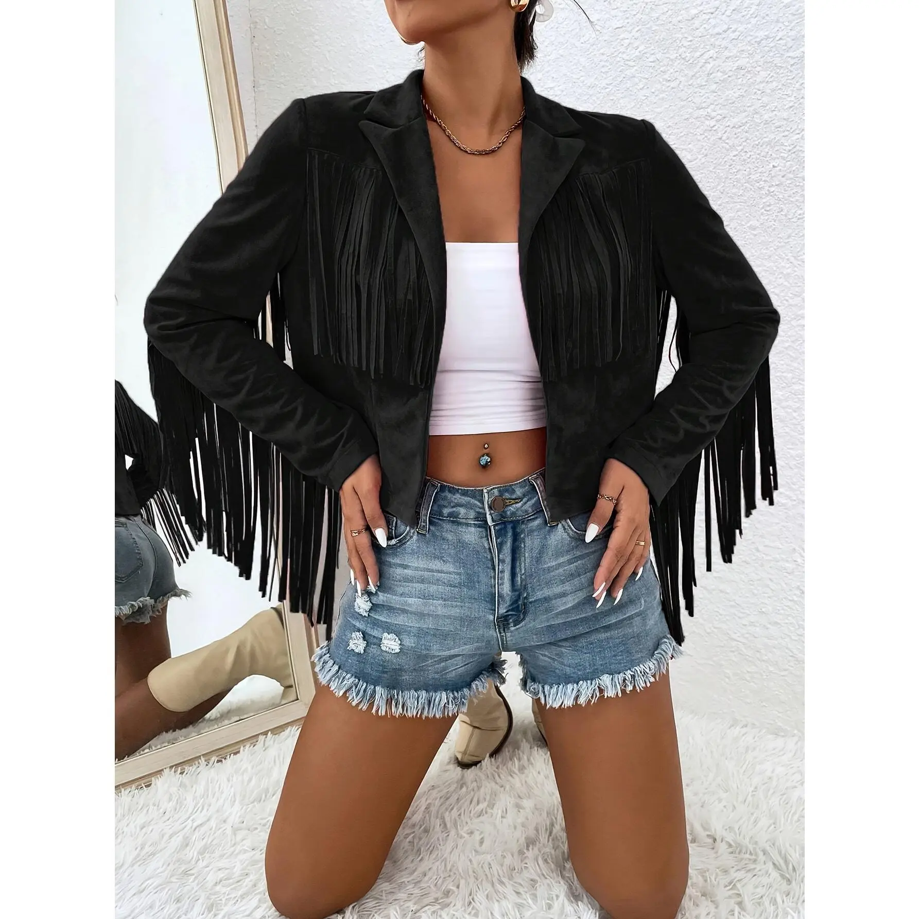 Women's Woven Tassel Jackets, Loose Fit Sports Outerwear with Elastane, Machine Washable for Outdoors