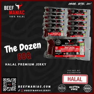 Halal Beef Jerky Dozen BBQ by Beef Maniac | Natural Hardwood Smoked Premium Jerky Made in Michigan