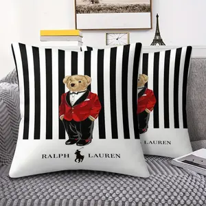 Polo Bear Tuxedo Throw Pillow, Soft Decorative Cushion, Striped Cushion, Black & White Stripe Design – Perfect for Living Room Sofa, Bedroom Decor & Galentine's Day Gifts