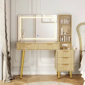 Garvee 48" Fluted Makeup Vanity Desk with LED Mirror & Lights, 5 Drawers, Glass Top & Built-in Power Outlet, Modern Dressing Table for Bedroom, Oak