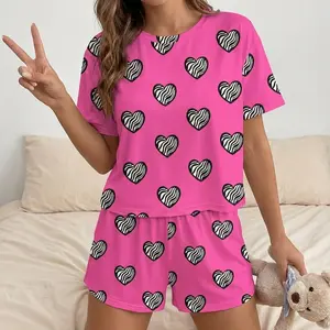 Women's Pink Heart Print Pajama Set, Soft Short Sleeve Top & Elastic Waist Shorts, Cute Sleepwear for Ladies, All Seasons Comfy Loungewear