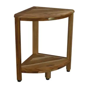 HomeRoots Teak Corner Shower Stool with Shelf N atural Finish