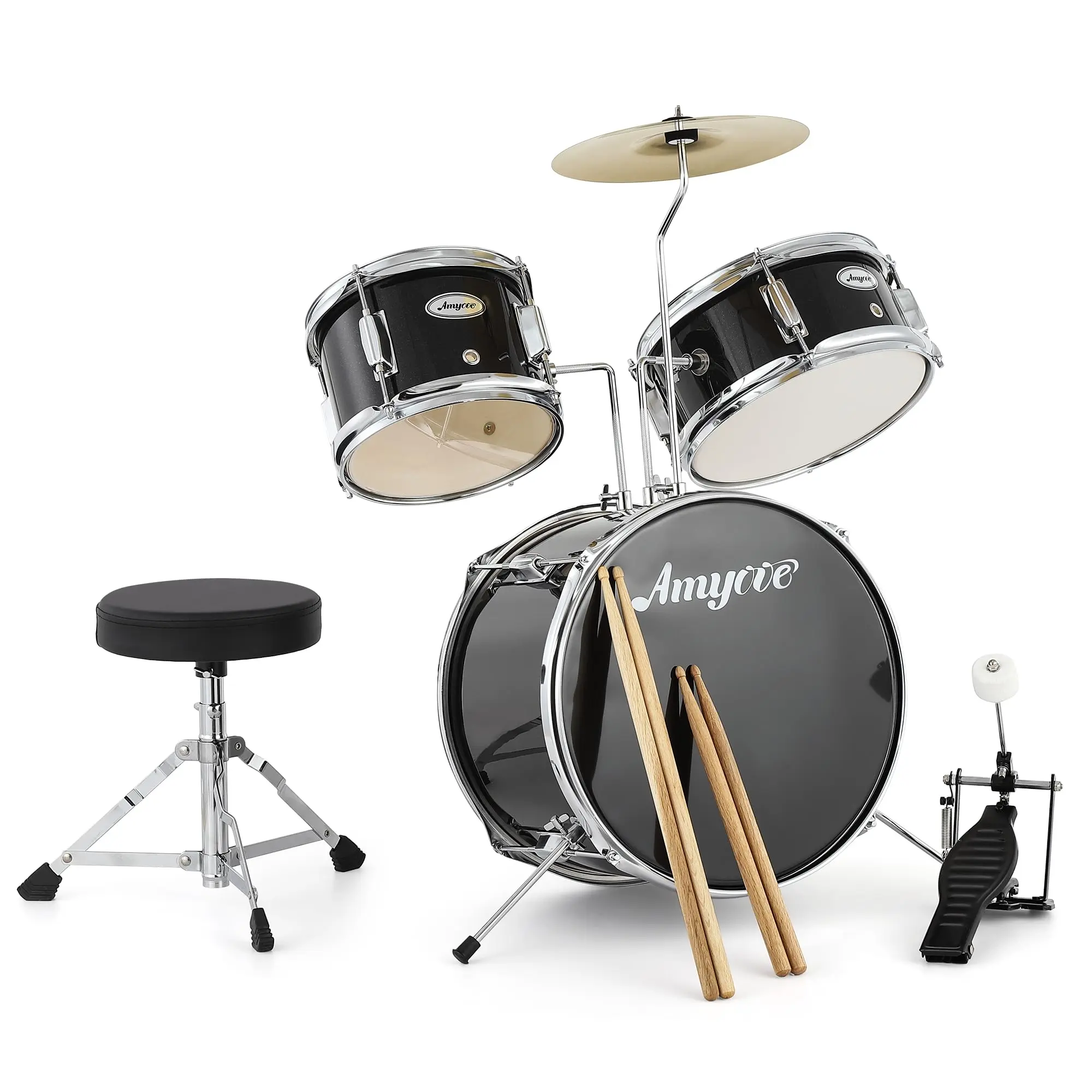 Drum Set for Musical Instruments, Junior DrumsSets with Bass, Tom-Tom, Snare, Cymbals, Hi-Tone, Sticks, Base Pedal and Stool, Beginner Set Black (Black, 3-Piece AD-150)