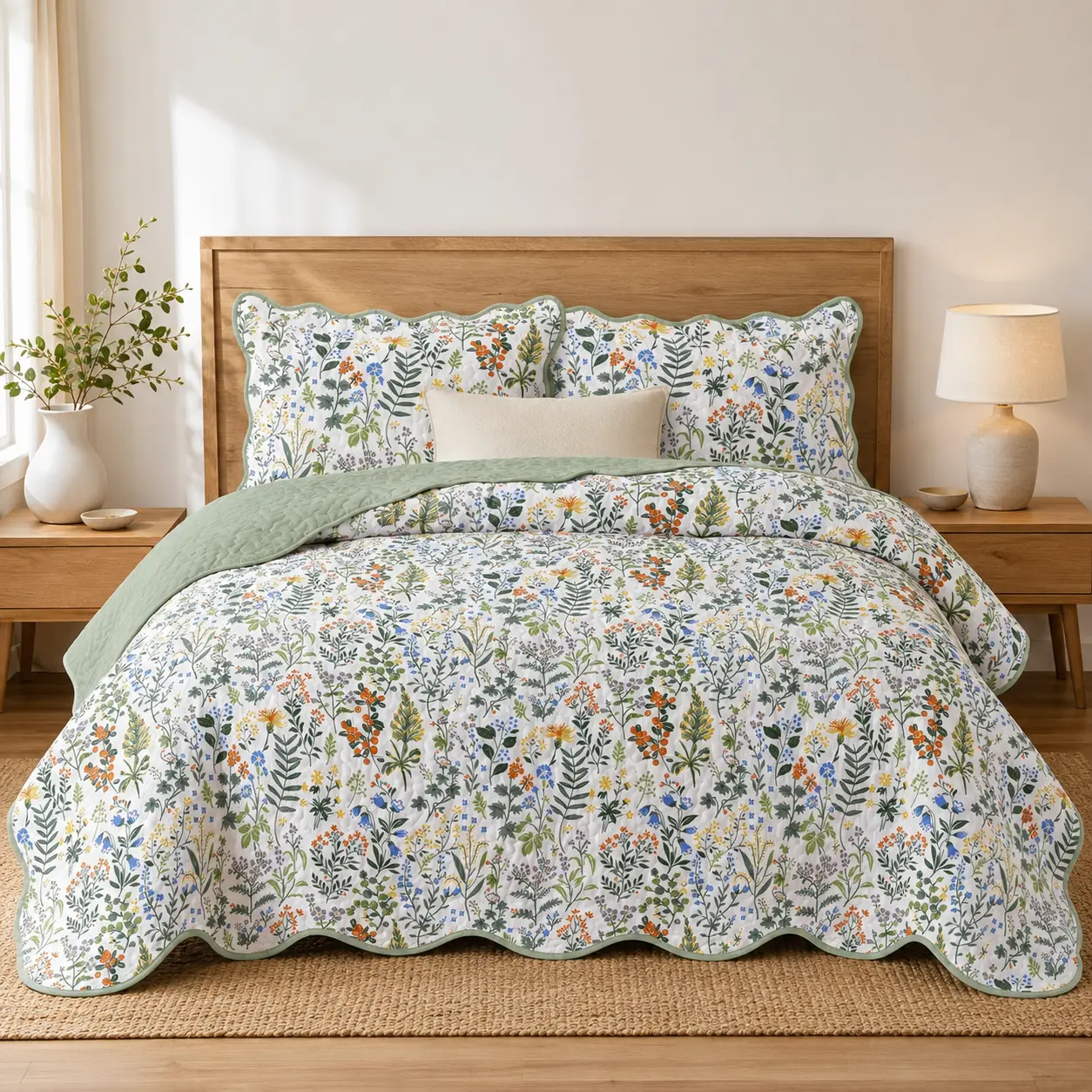 3-Piece Wildflower Quilt Set Twin Size, 66" x 90" Botanical Floral Bedspread with 2 Standard Pillow Shams, Reversible Sage Green Scalloped Edge Coverlet
