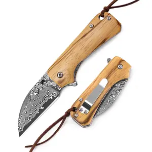 KLAKEN J355 Dot, Compact EDC Pocket Folding Knife, Damascus Steel Blade With Wooden Handle