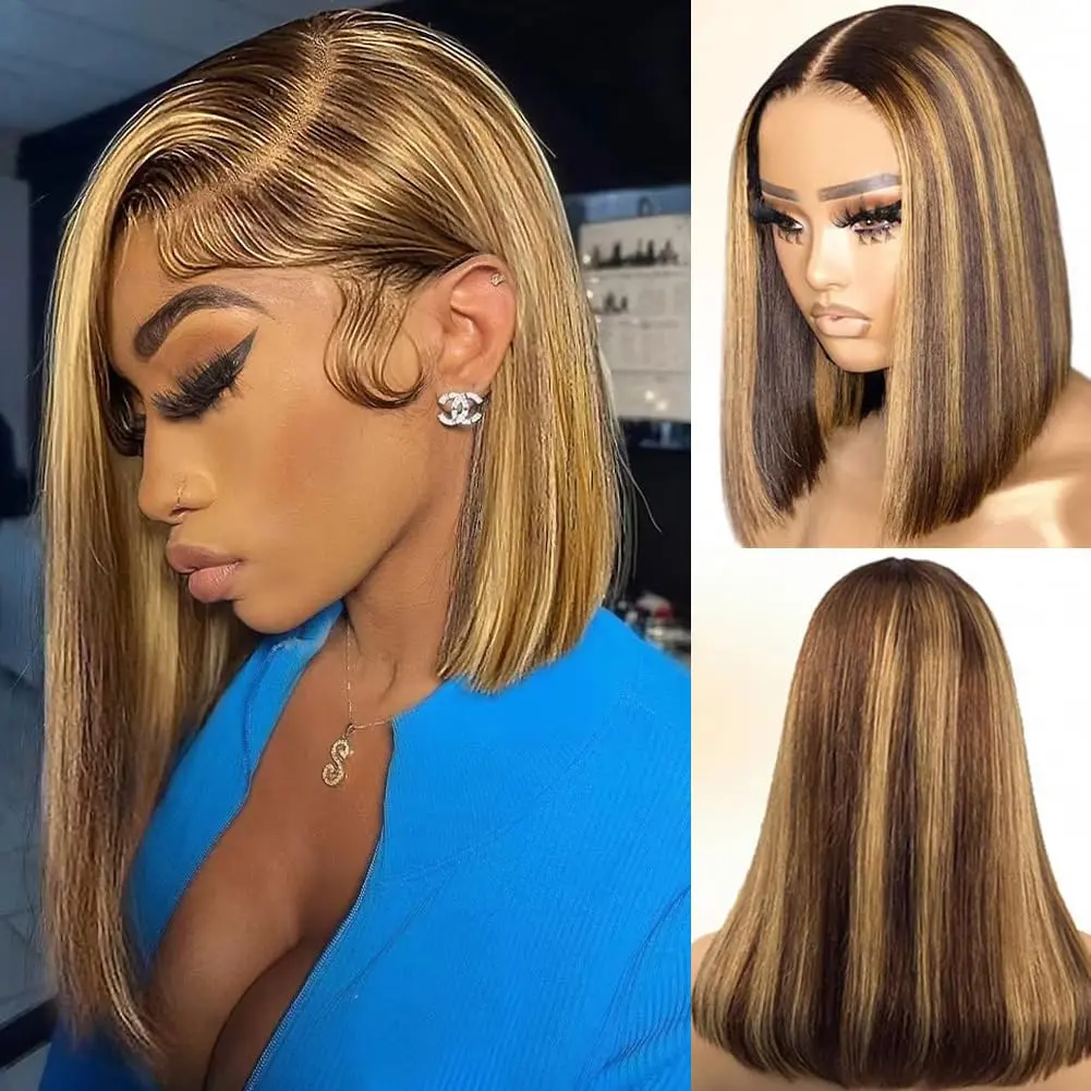 Bob Lace Closure Wig Human Hair Highlights 4/27 ombre honey  display picture 3