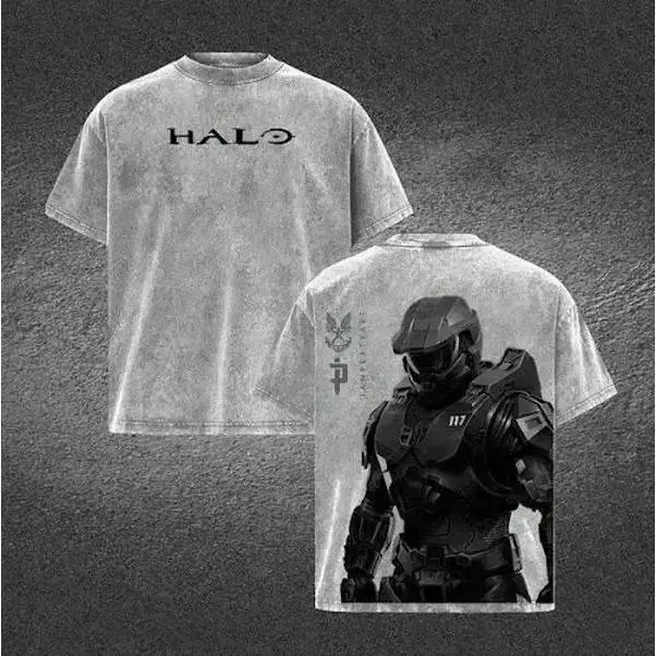 Halo Master Chief Vintage Acid Washed Graphic T-Shirt – Unhinged Adult Humor Gamer Double Print 90s Oversized Streetwear Patina Cotton Tee