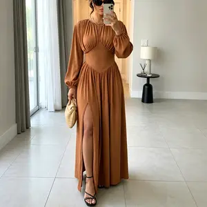Woman's Brown Long Dress Ruched Waist Lantern Sleeve Side Slit Soft Comfortable Breathable Casual Elegant Maxi Dress For Brunch Date Vacation Party Outdoor Shopping