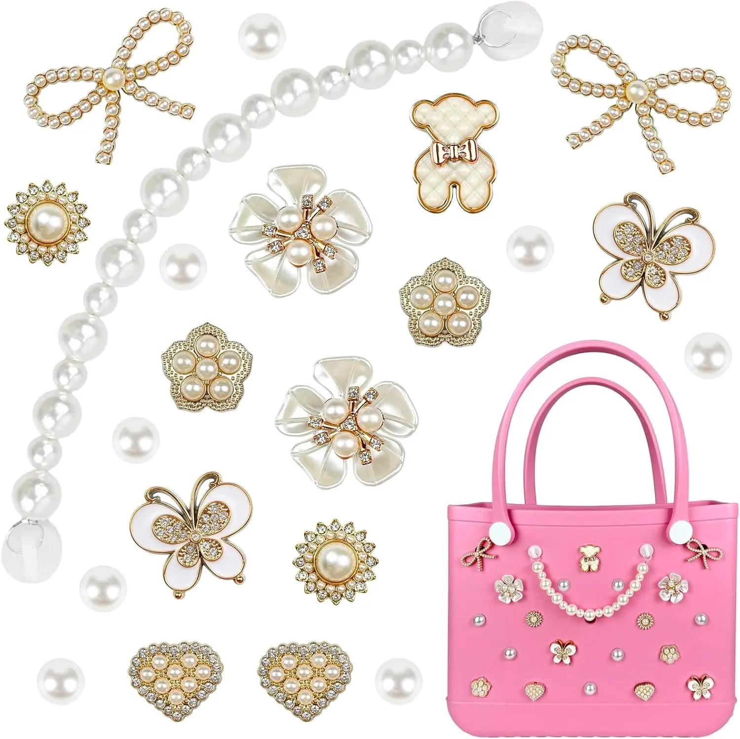 Decorative Flowers Pearls Chain Set for Bogg Bag | Bling Rubber Tote Accessories for Women Girls Beach Totes Decoration